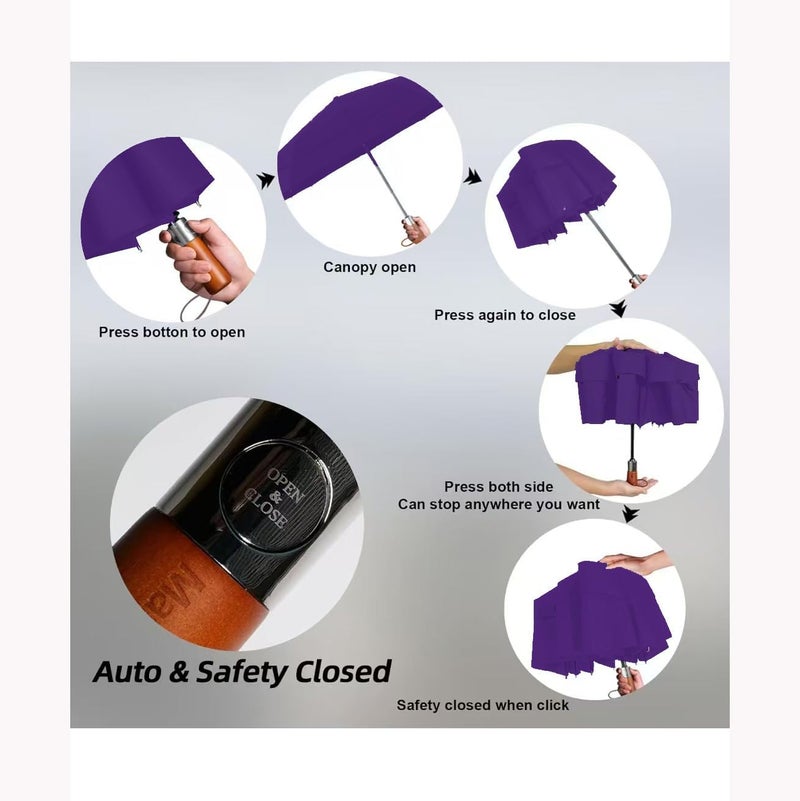 MasterUmbrella مظلة مقاومة للرياح بغطاء ثلاثي الطبقات للانتقال، تفتح وتغلق تلقائيًا، 10 أعمدة من الألياف الزجاجية، مقبض خشبي، 13 بوصة عند الطي، تغطية كبيرة 47 بوصة لشخصين، استبدال مدى الحياة - Image 5